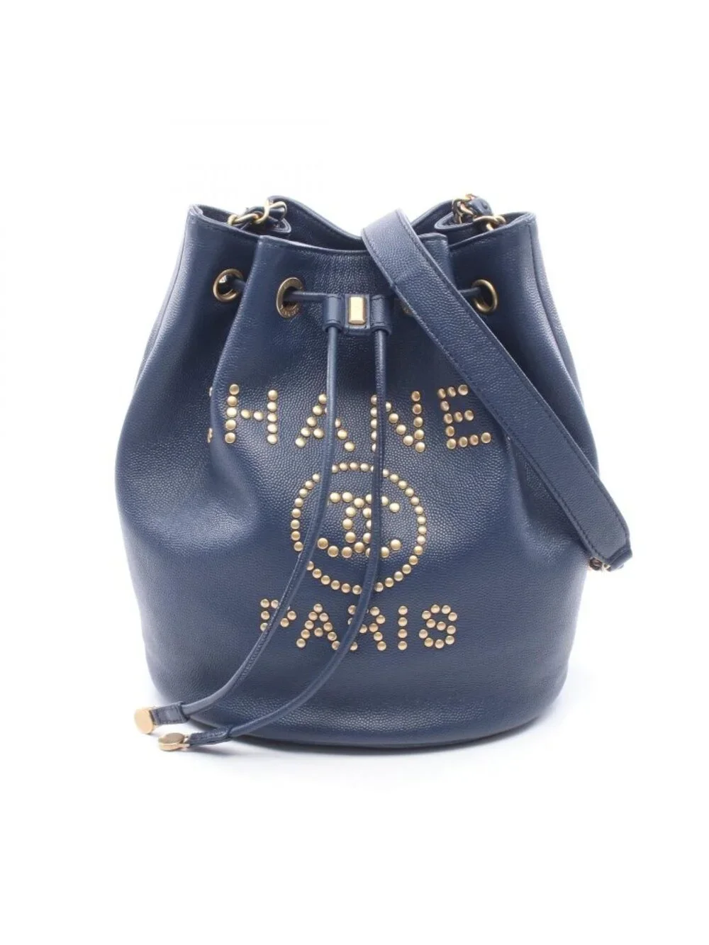 Chanel Shoulder Bag Deauville Navy Leather Logo Studs Drawstring